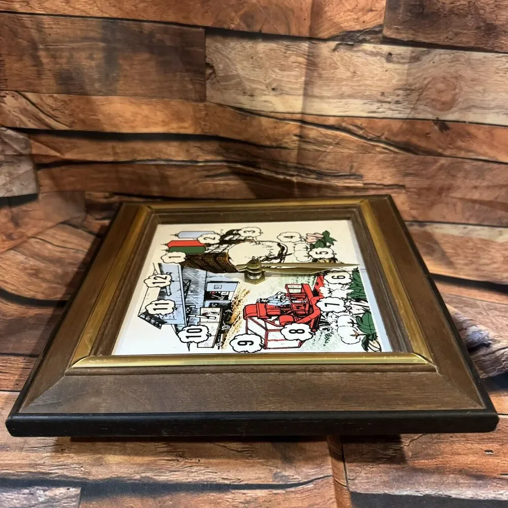 Vintage Cotton Harvest Wall Clock Farmhouse Decor Square Wood Framed Farmer 8.5